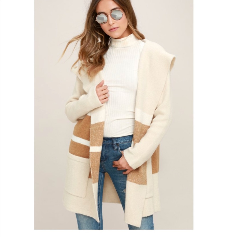 Lulus Tan and Beige Hooded Cardigan Sweater